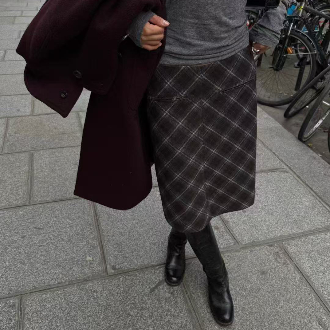 No退No换东大门女装2025新款格子毛呢A字半身短裙女apm place 224