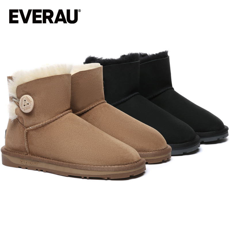 EVERAU纽扣短筒雪地靴羊皮毛一体2025冬季新款保暖东北靴UEA3005