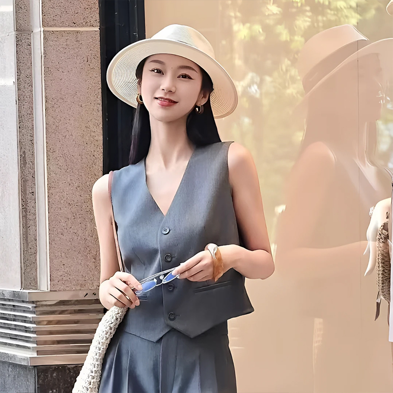 GIRDEAR/哥弟夏季新款时尚洋气通勤双口袋纯色西装马夹1400808