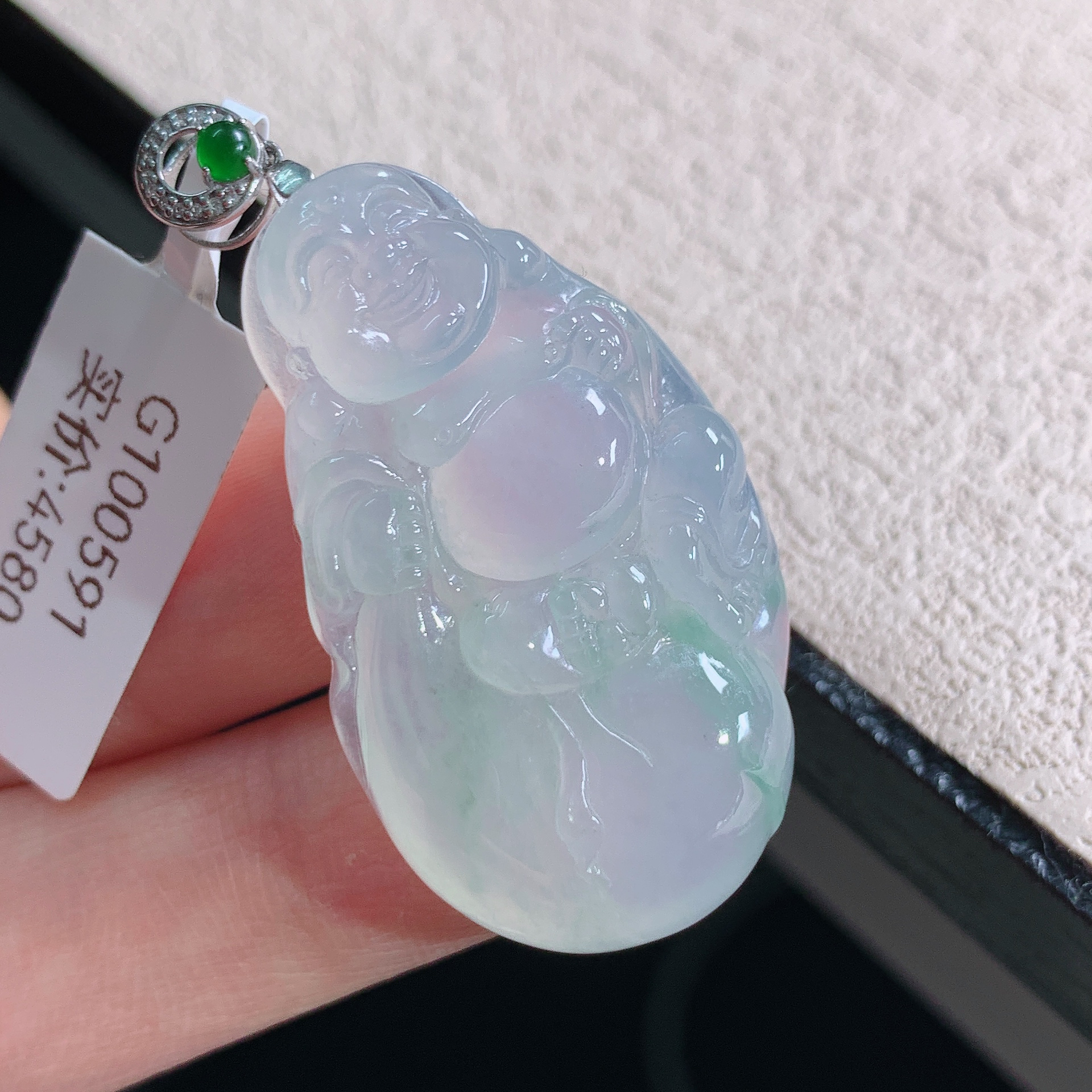 缅甸A货翡翠18k真金真钻镶嵌布袋佛公吊坠项链礼物37.6/22/7.2