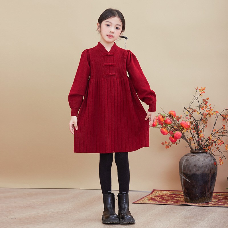 女童针织毛衣裙子中式盘扣大童加绒拜年服连衣裙秋冬季儿童新年装