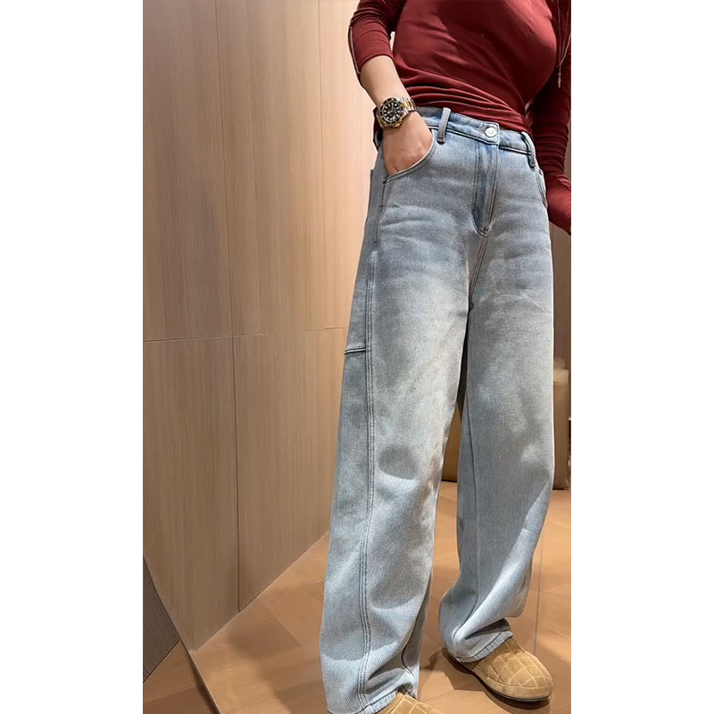 2025冬季新款条纹窄版牛仔裤女大码显瘦小个子洋气直筒裤弯刀裤子