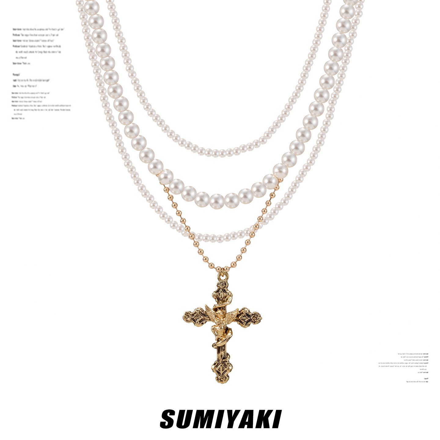 铜合金合成锆石项链 SUMIYAKI 复古十字架项链天使多层choker配饰