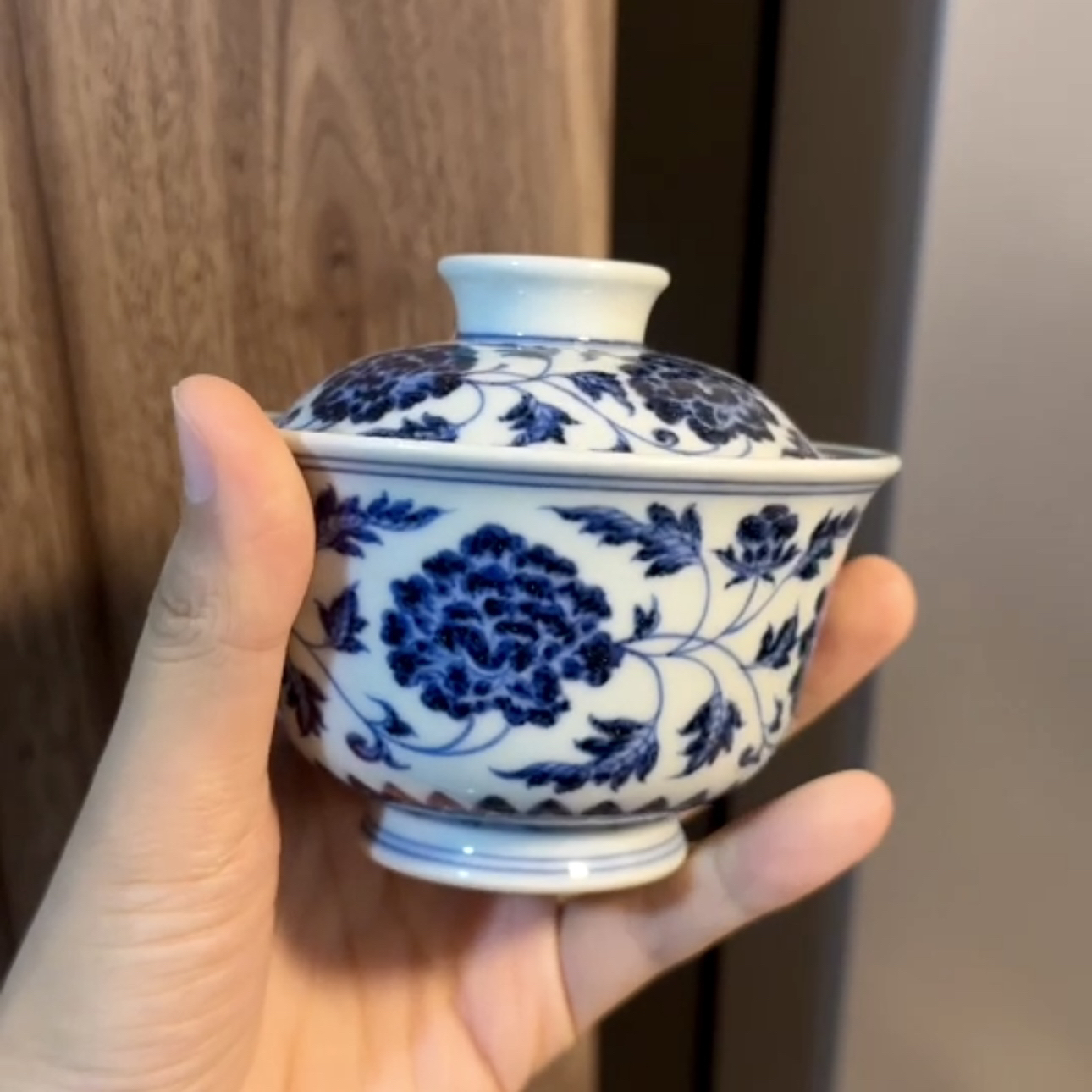 五云随安仿明青花牡丹盖碗缠枝复古景德镇瓷器陶瓷泡茶家用青花瓷