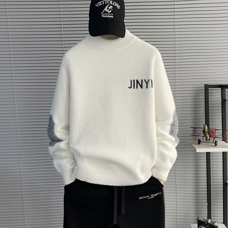 【水貂绒 高品质】加绒加厚冬季男士时尚印花毛衣宽松针织衫3030