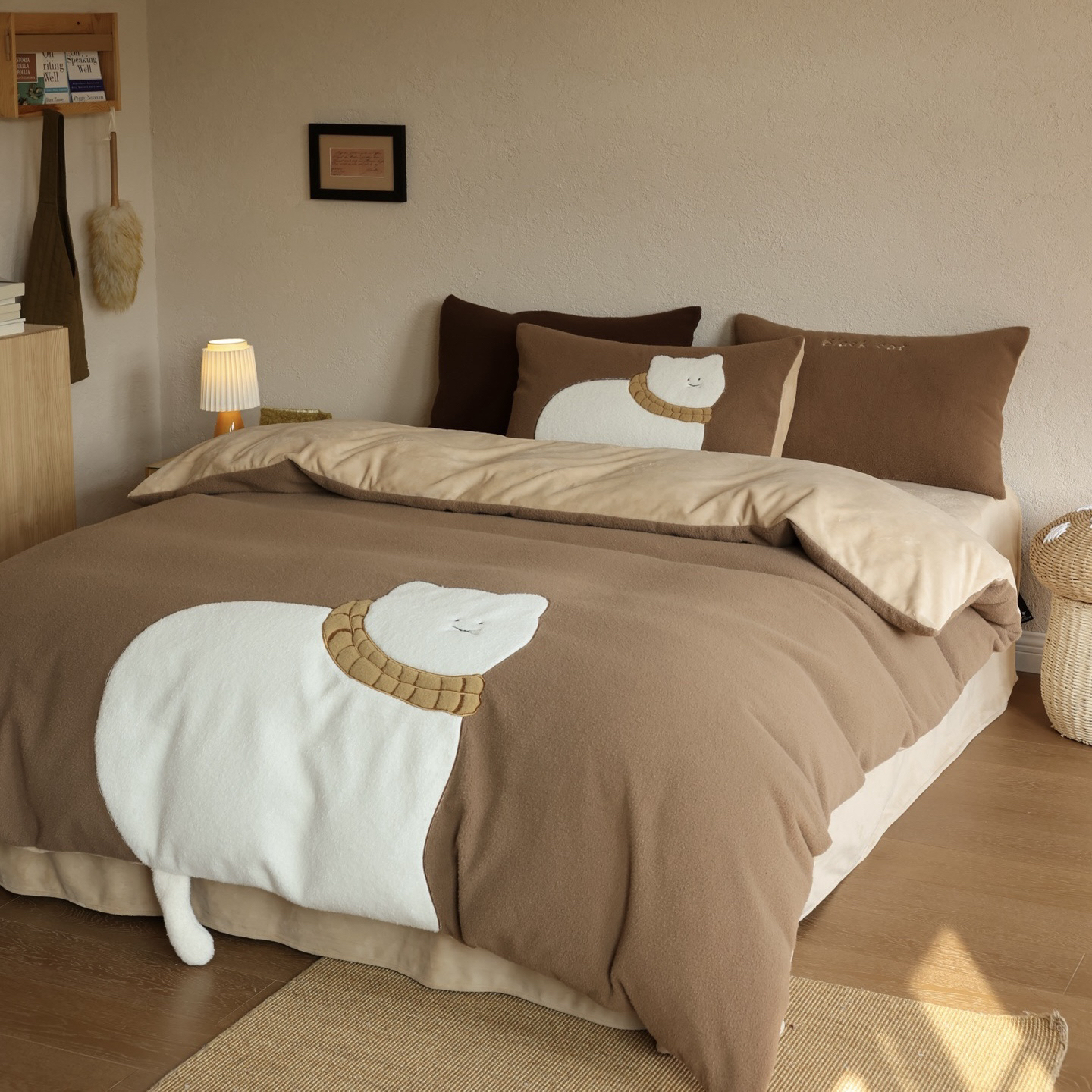 小温暖 可可小猫 高克重仿羊绒四件套 卡通加厚牛奶绒被套