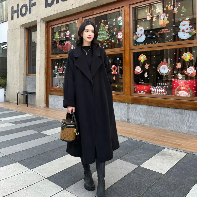 2025新款双面绒大衣女加厚中长款毛呢外套保暖宽松西装领系带03