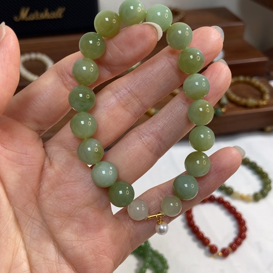 和田玉18K金镶嵌手链10mm黑阳洞碧玉精品