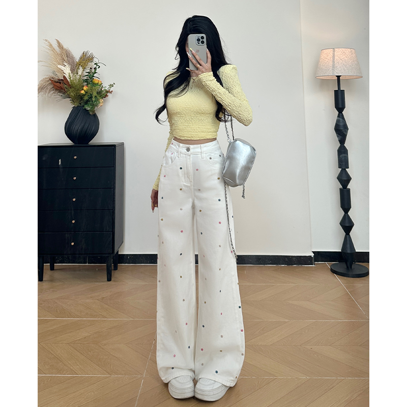 乔栈爆款刺绣牛仔裤女2025秋冬秋新款小个子高腰宽松拖地裤阔腿裤