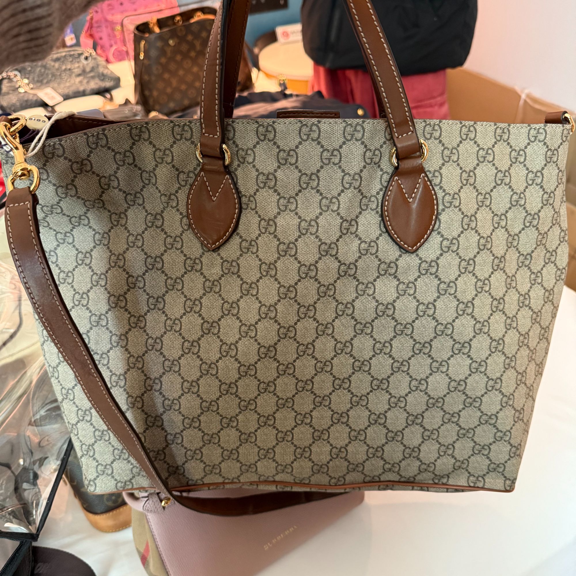 95新 GUCCI/古驰 老花拼棕色手提斜挎包/美美在包展