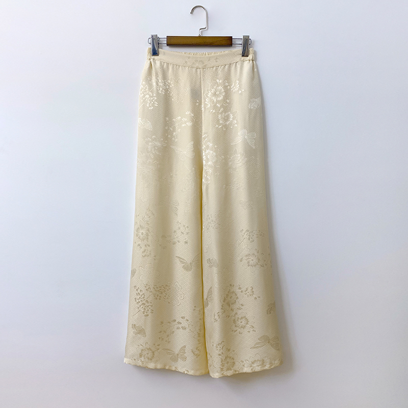 2025春季新款满分桑蚕丝米色蝶恋花香云纱阔腿裤长裤新中式复古