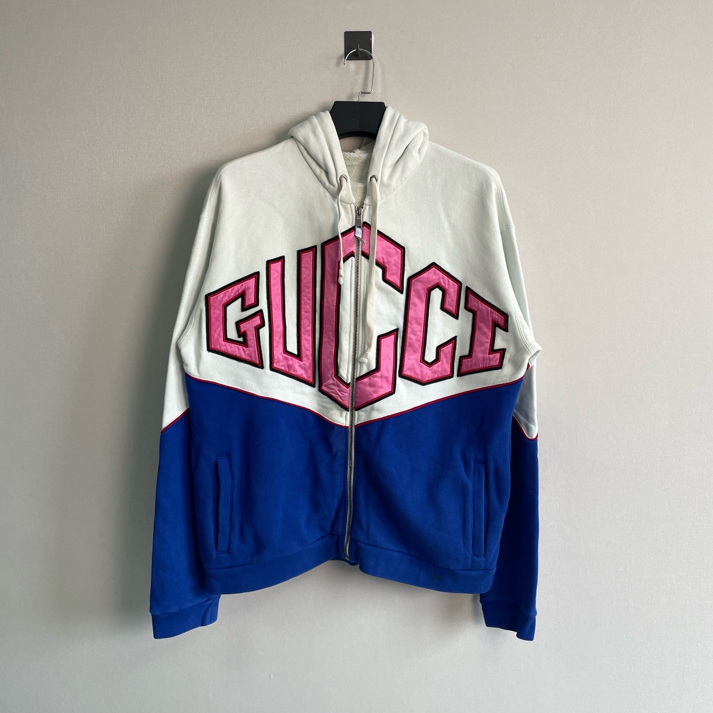 99新 GUCCI/古驰 蓝白大logo拉链外套/98新/无领标/价13500