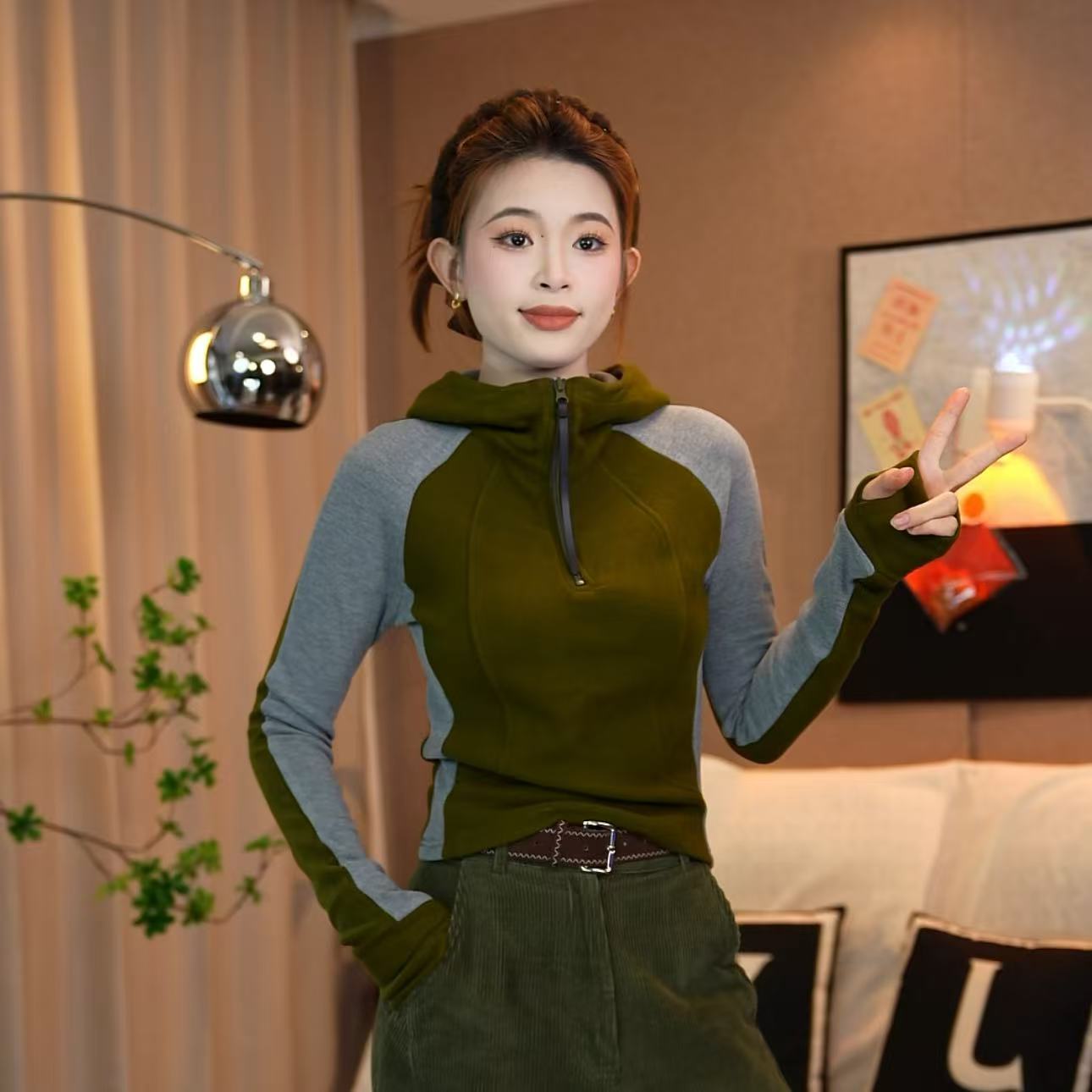 玉姐-双面绒连帽撞色修身型拼接常规卫衣拉链插肩袖秋冬新款