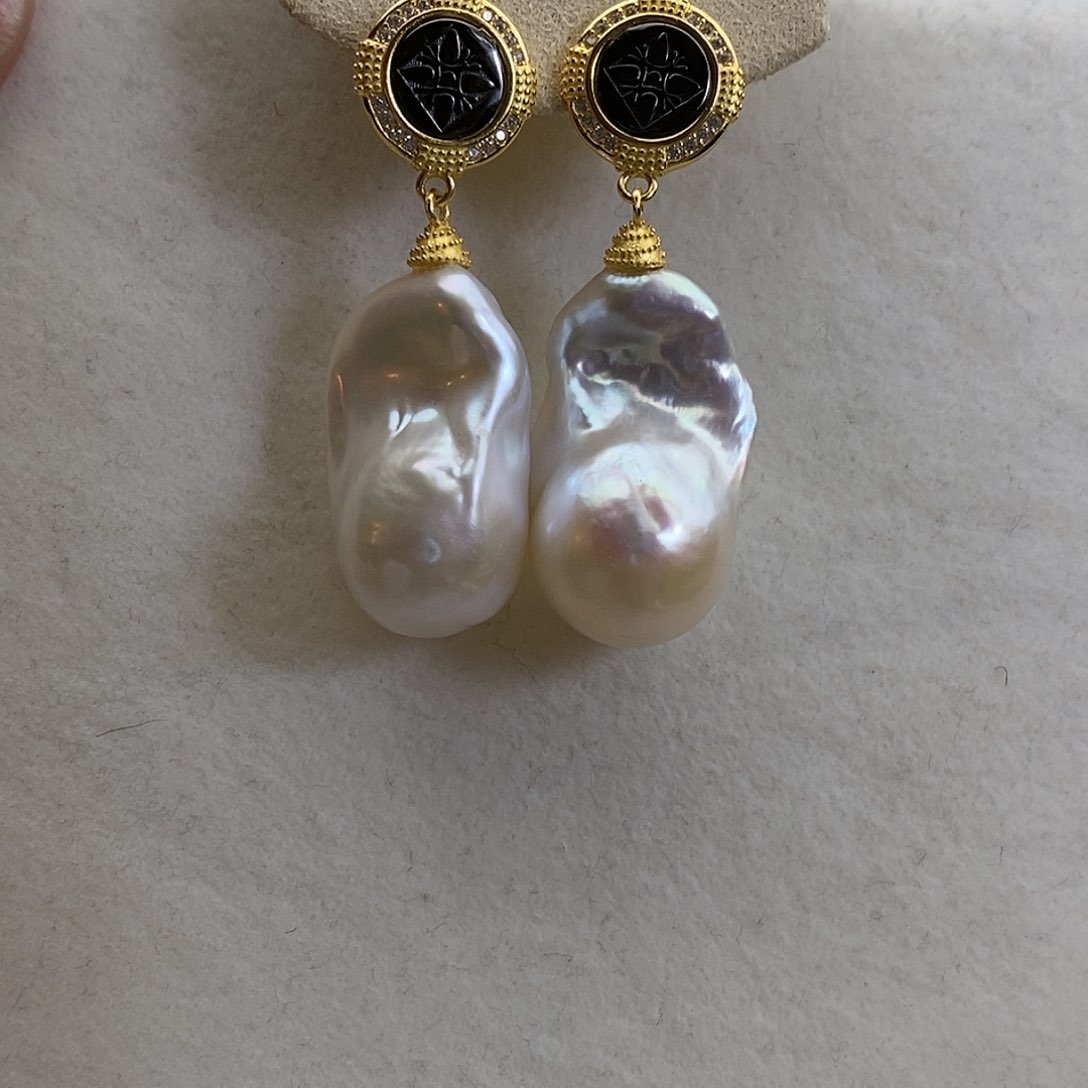 淡水珍珠耳饰银S925镀金镶嵌