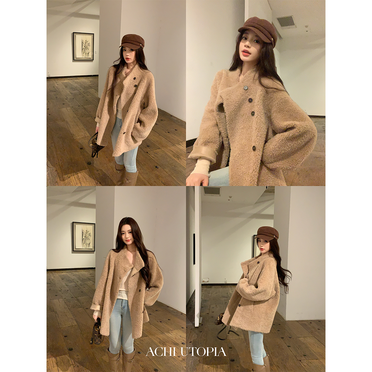 ACHI大也池◆松弛感~全羊毛皮毛一体秋冬气质毛呢外套