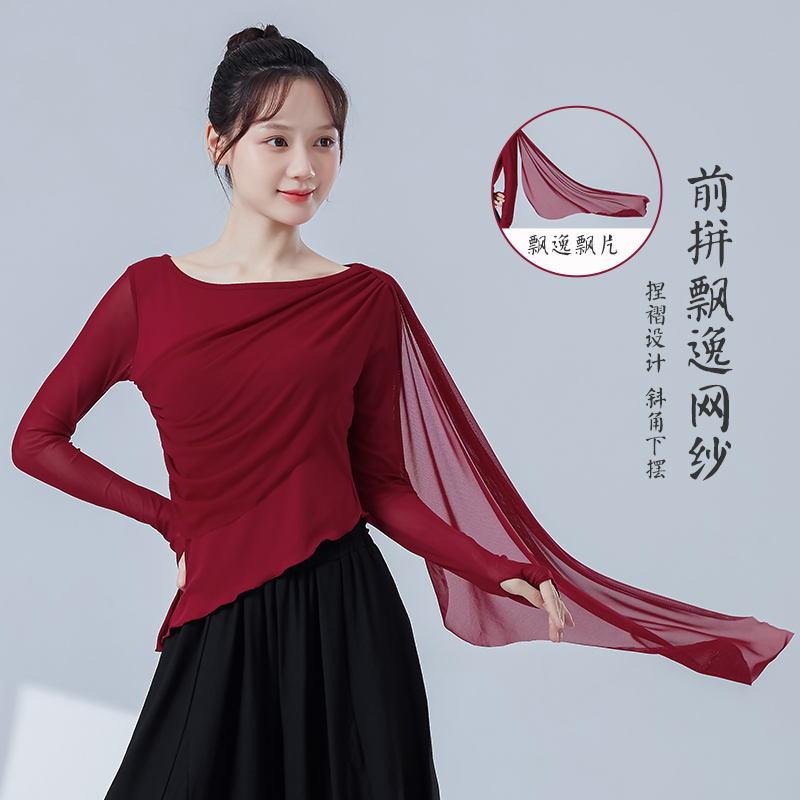 现代舞当代练功服女新款拼接网纱仙气飘逸不规则上衣形体舞蹈服装