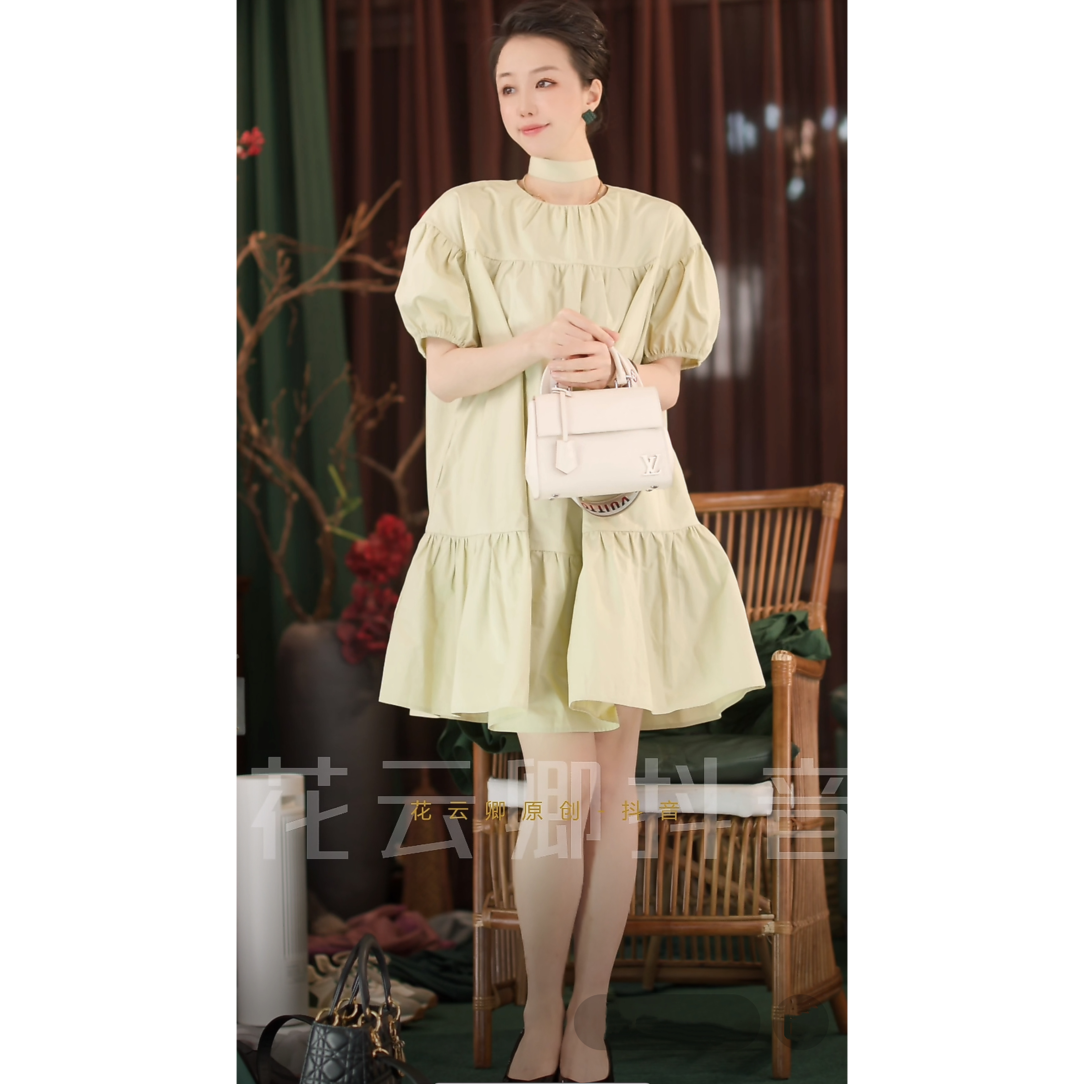 {花蕾原创}原创设计短袖褶皱连衣裙春夏时尚简约百搭气质