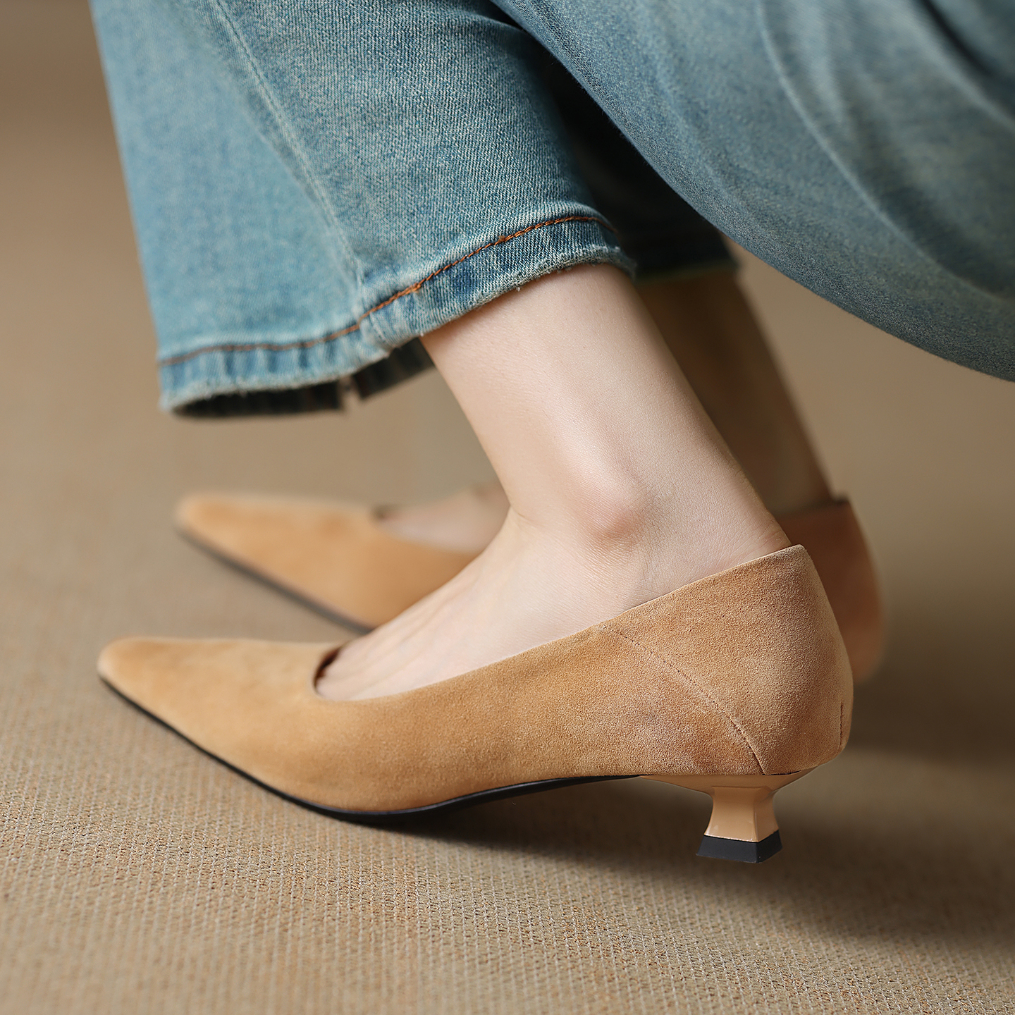 超软羊皮/3cm 软底小方头细跟真皮单鞋女 低跟上班裸色黑色工作鞋