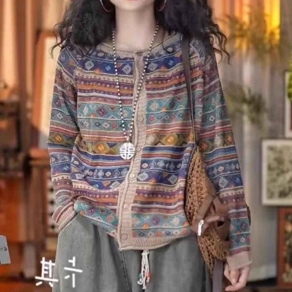 2025新款时尚针织开衫外套休闲女士港风复古长袖圆领宽松显瘦上衣