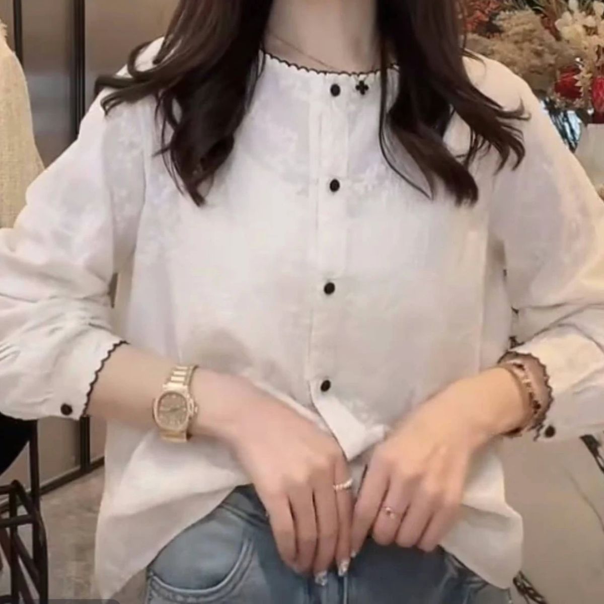 100%棉刺绣小香风长袖衬衫女2025新款高级感百搭宽松显瘦大码衬衣