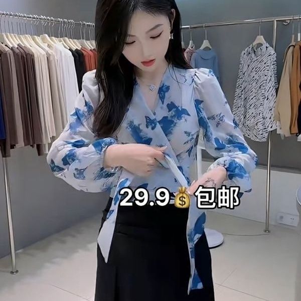 2025春季新款洋气印花系带收腰修身显瘦百搭V领短款灯笼袖雪纺衫