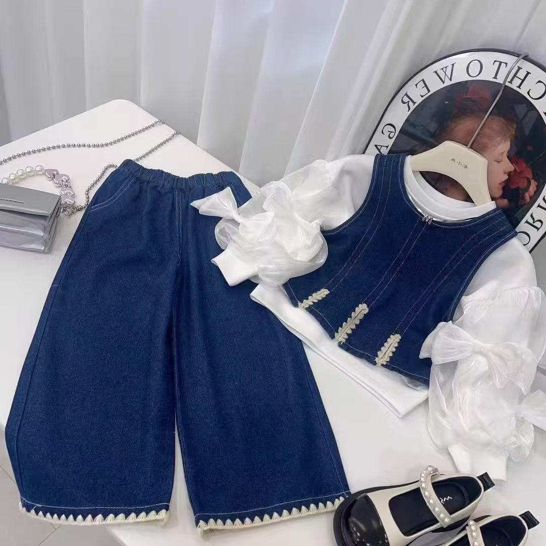 宽肩牛仔三件套裤子洋气新款女童休闲韩版儿童衣服童装套装Q78