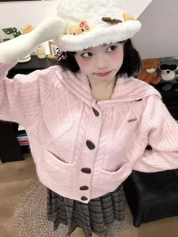 粉色大翻领毛衣开衫女秋冬新款绞花软糯针织衫外套宽松学院风上衣