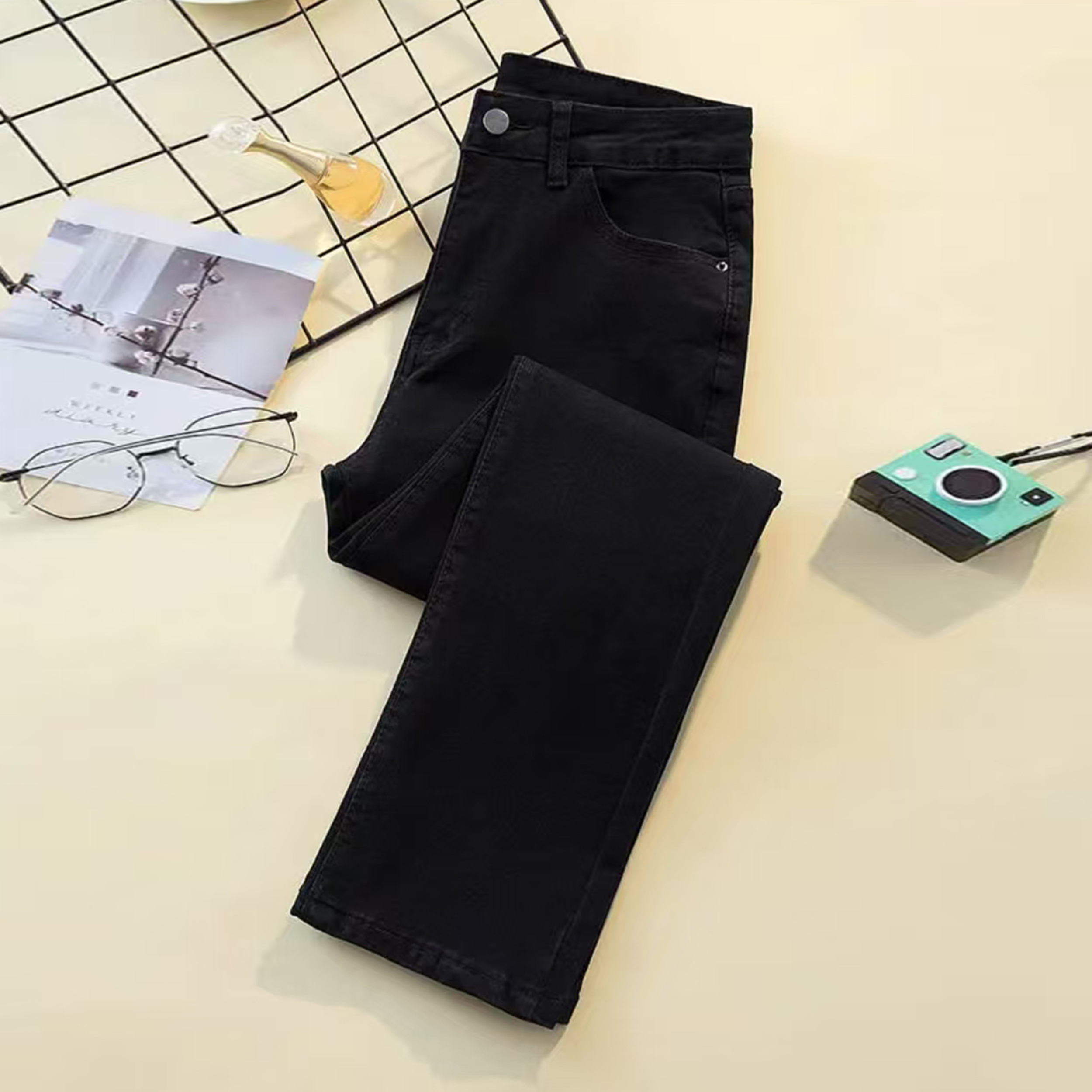 时尚舒适小直筒加绒保暖百搭女士做旧水洗牛仔裤休闲春秋1F580