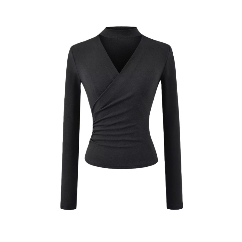 【悦己】秋冬新款挂脖V领长袖修身磨毛打底T恤女短款