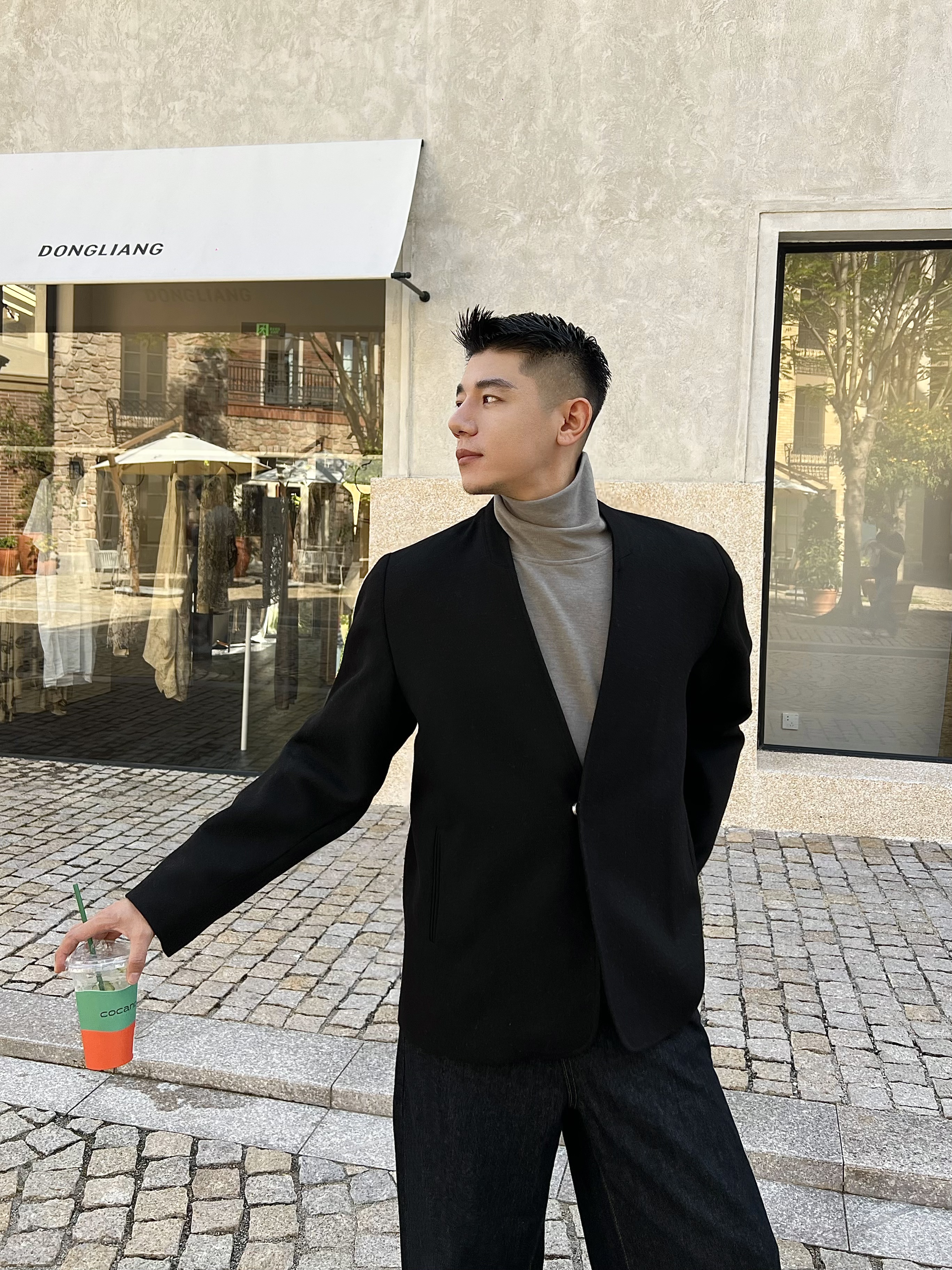 韩版落肩袖标准无领秋冬季夹克纯色潮流修身男士上衣