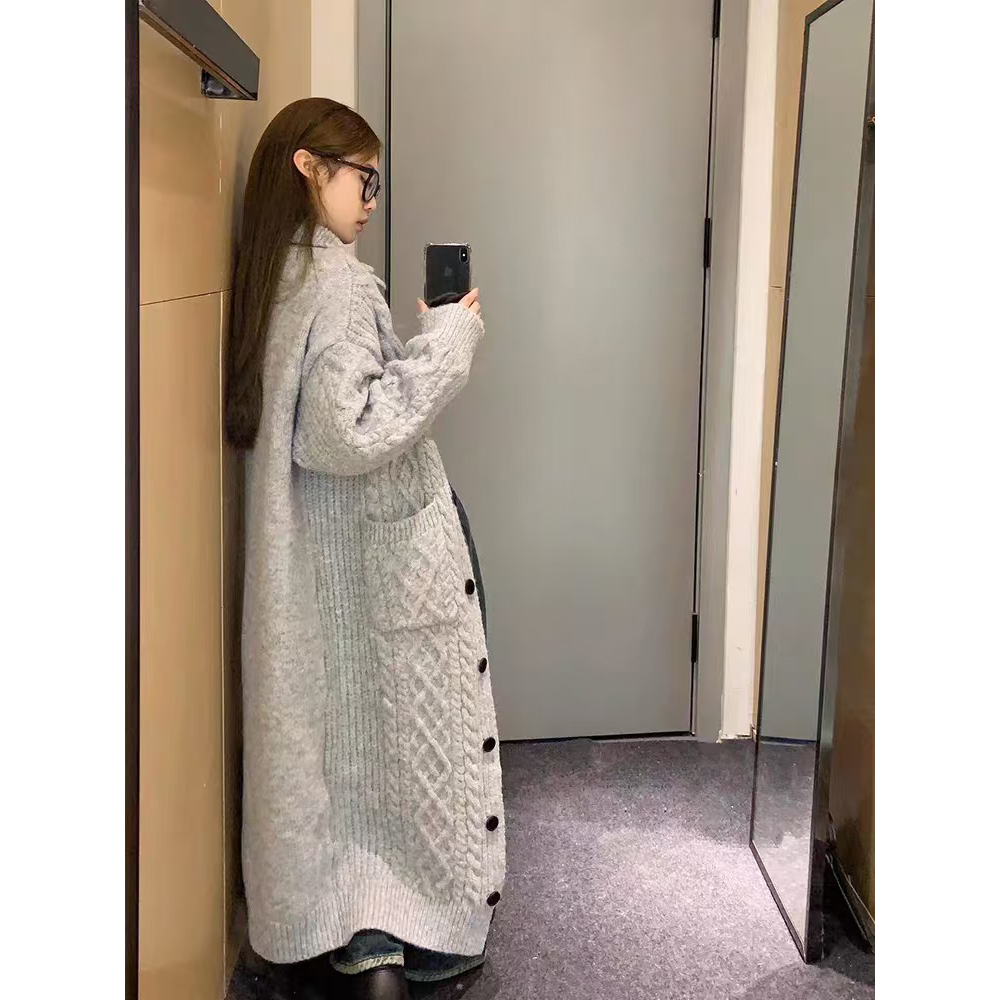 灰色高领毛衣外套女秋冬加厚韩系慵懒穿搭长款针织开衫长款毛衣