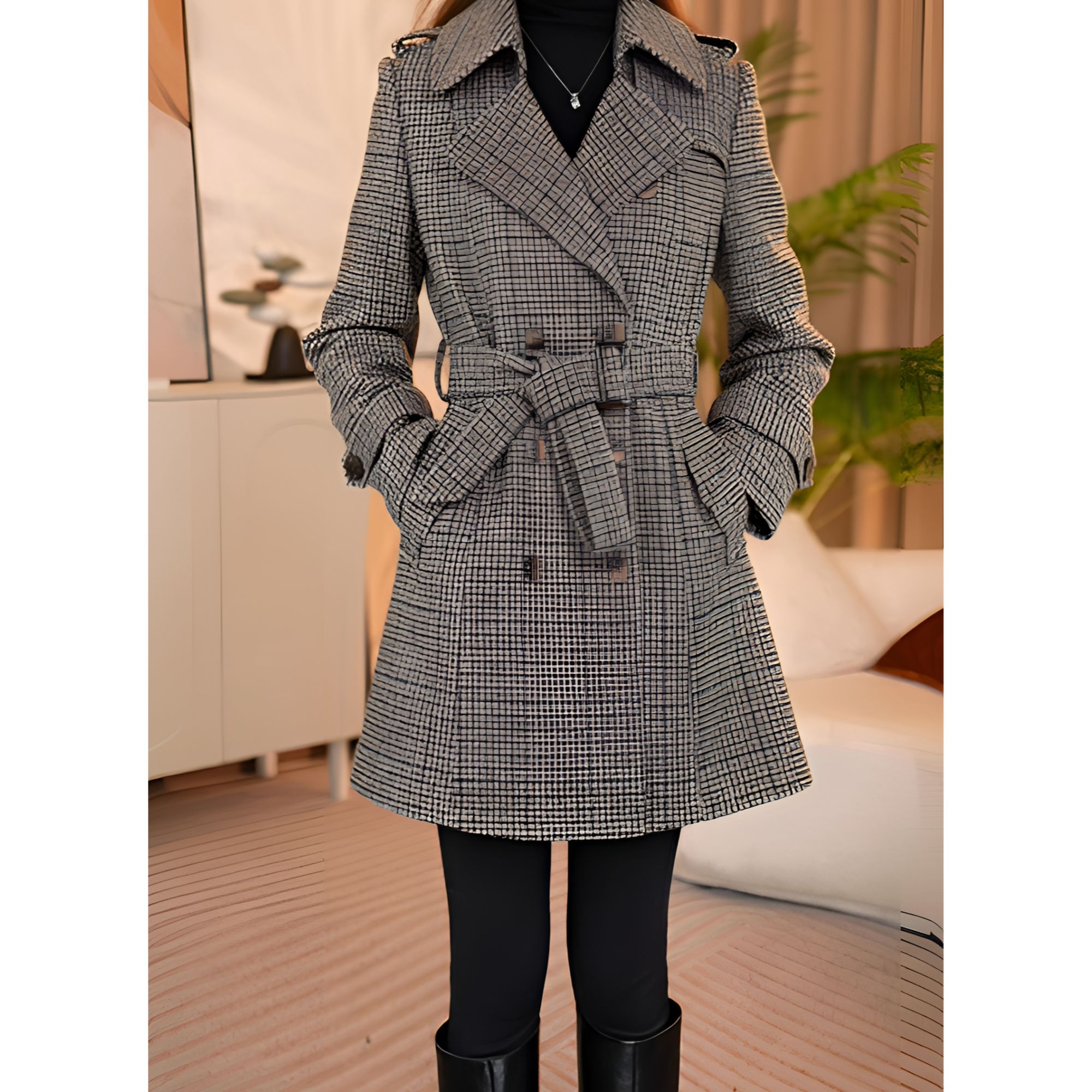气质时尚毛呢羊毛中长款格子秋冬双排扣格纹外套563