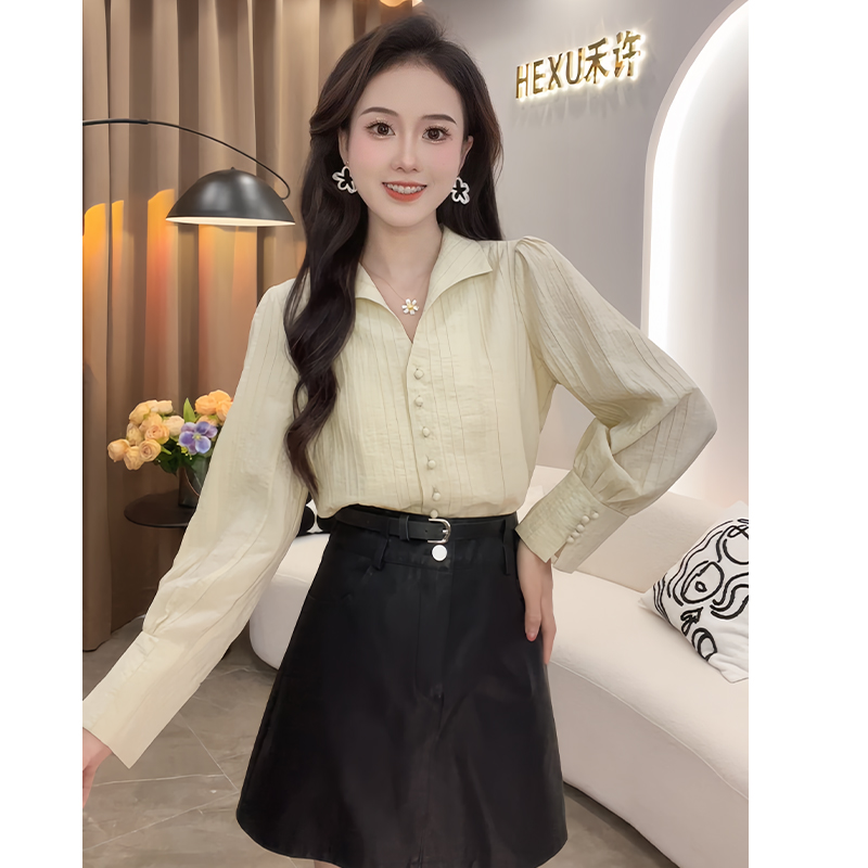 法式时尚显瘦V领长袖衬衫女2025年春季新款温柔风小众设计感上衣