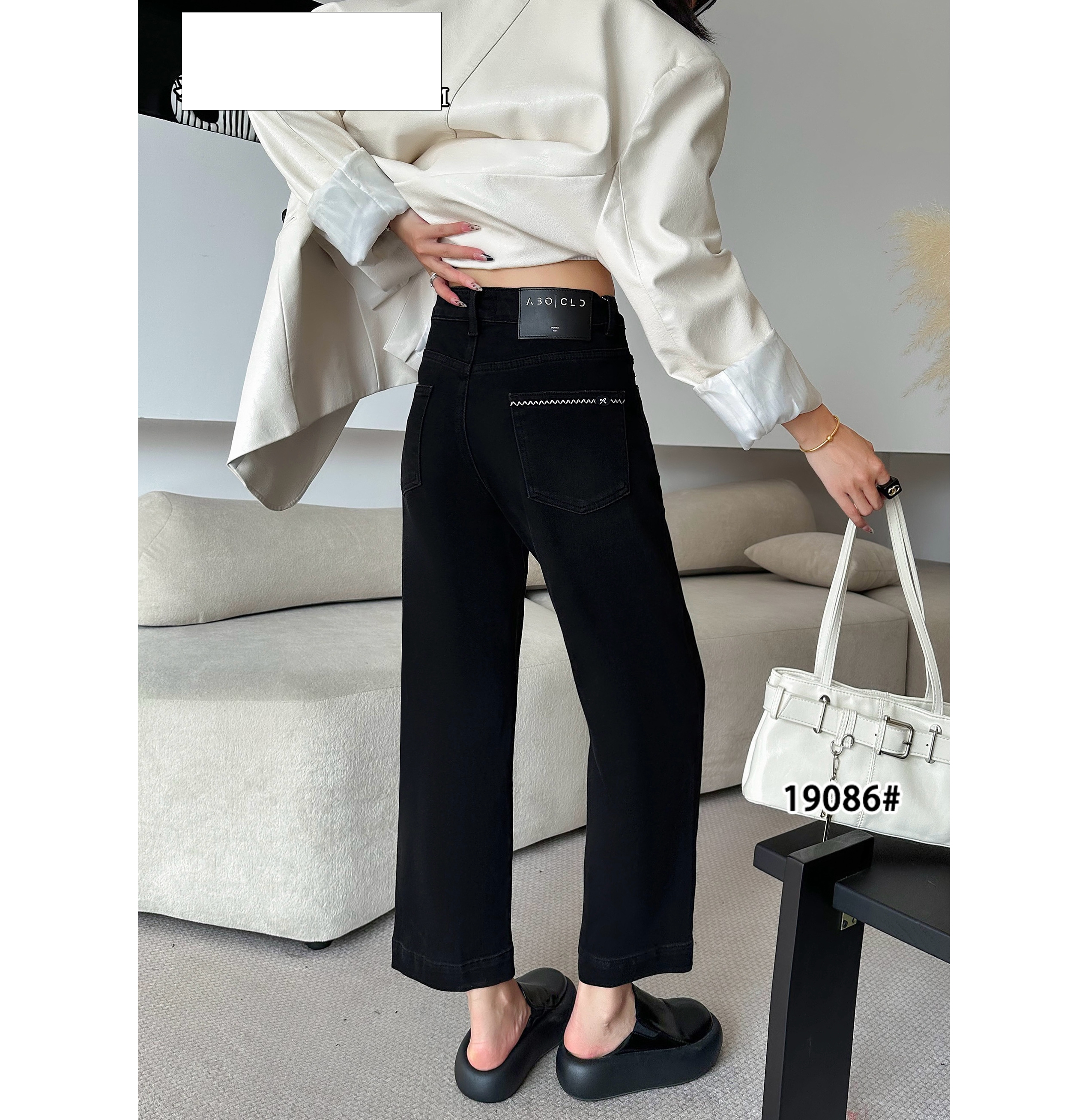 欧货黑灰色弹力大码胖mm九分直筒裤遮肉梨形法棍裤牛仔裤女19086