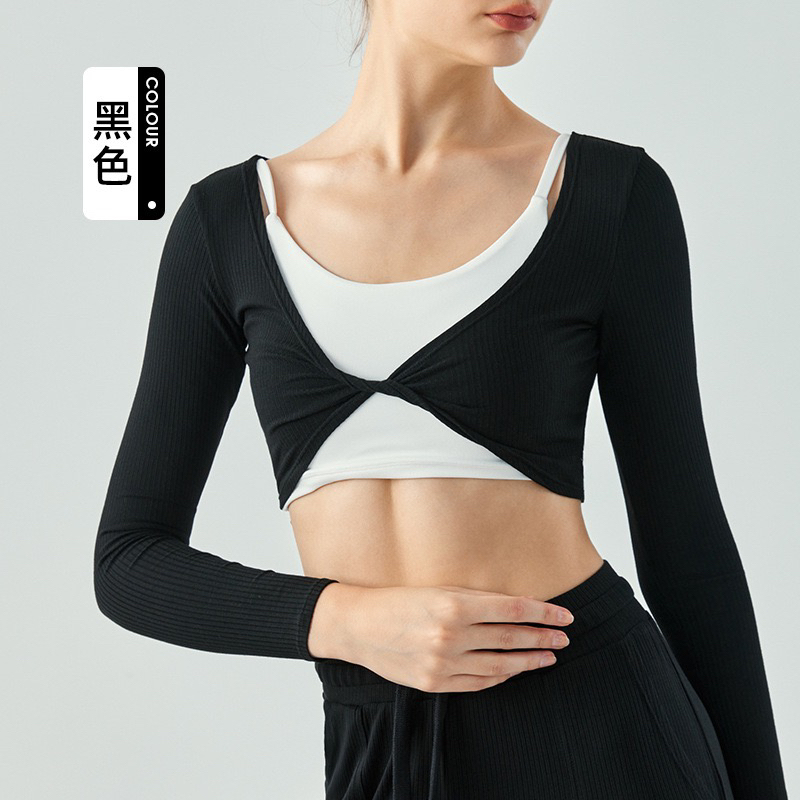 671秋冬交叉扭结长袖女轻薄短款宽松修身显瘦瑜伽服披肩开衫
