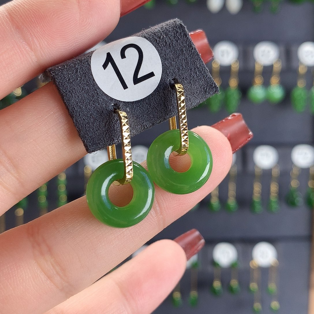 和田玉耳饰18K金镶嵌12