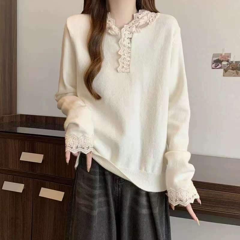 宽松大版毛衣推荐秋冬白色韩版慵懒蕾丝长袖洋气针织时尚百搭韩