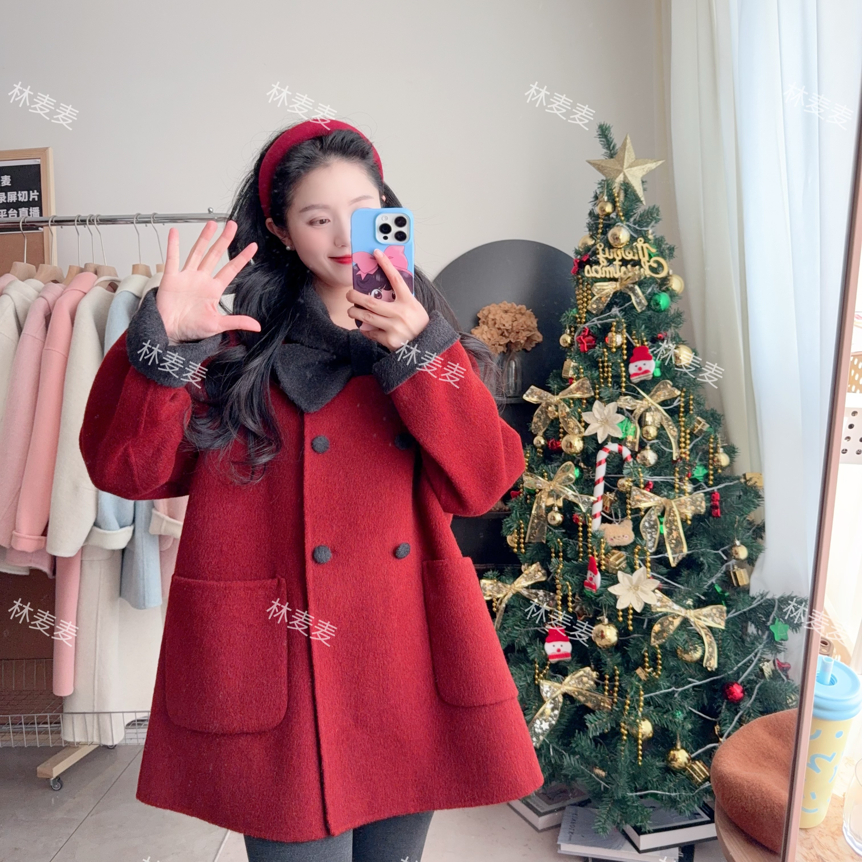 林麦麦【初雪】韩版甜美双面呢大衣外套蝴蝶结小个子6093