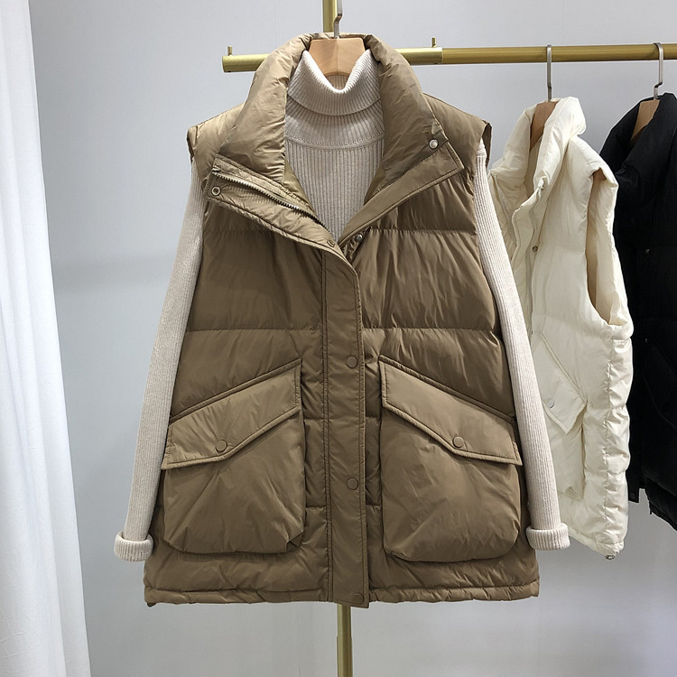 《荷叶边马甲》女宽松显瘦白鸭绒外搭套2022新款韩版大口袋背心