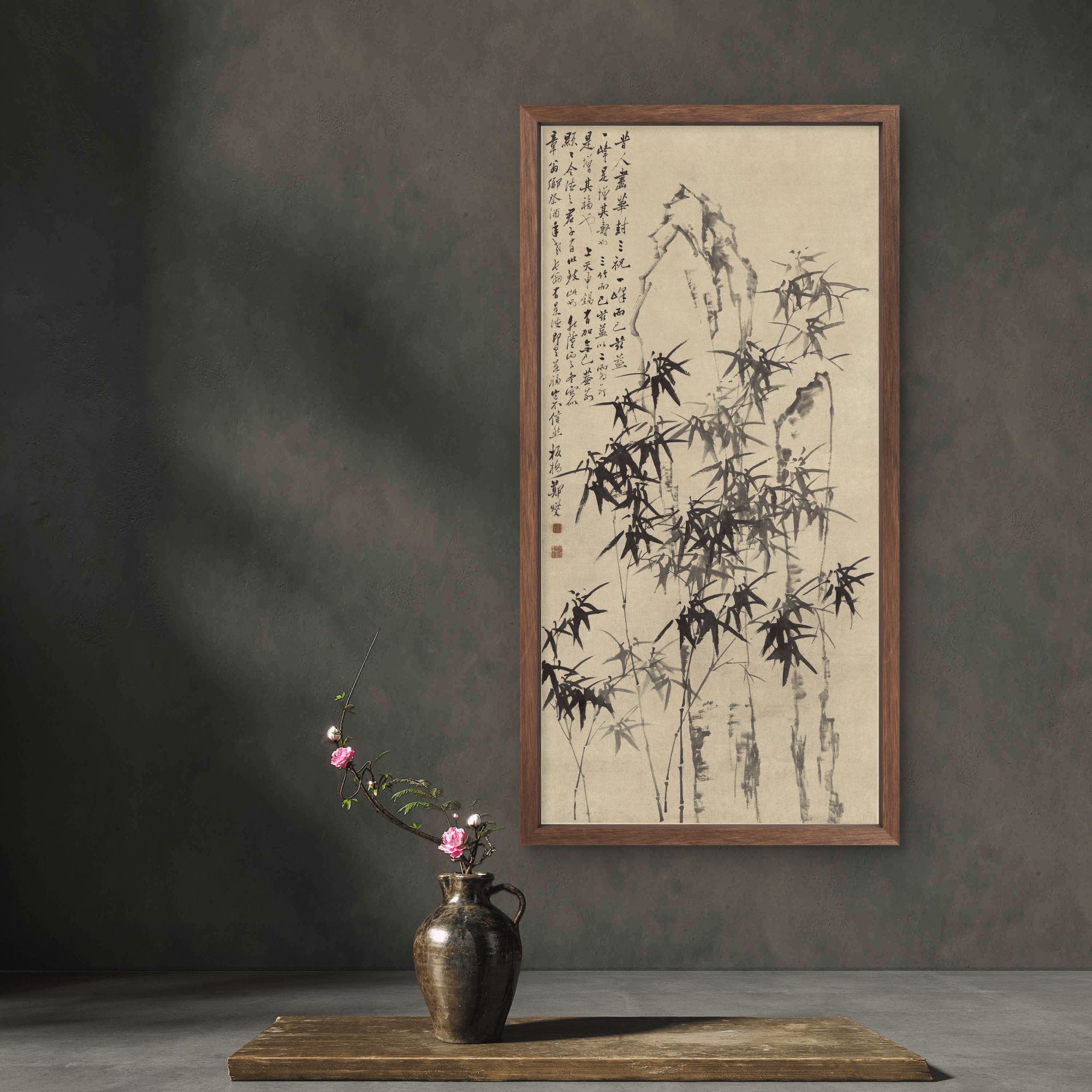 9799-35*68竹石图中式装饰画木框玄关书房茶室客厅挂画