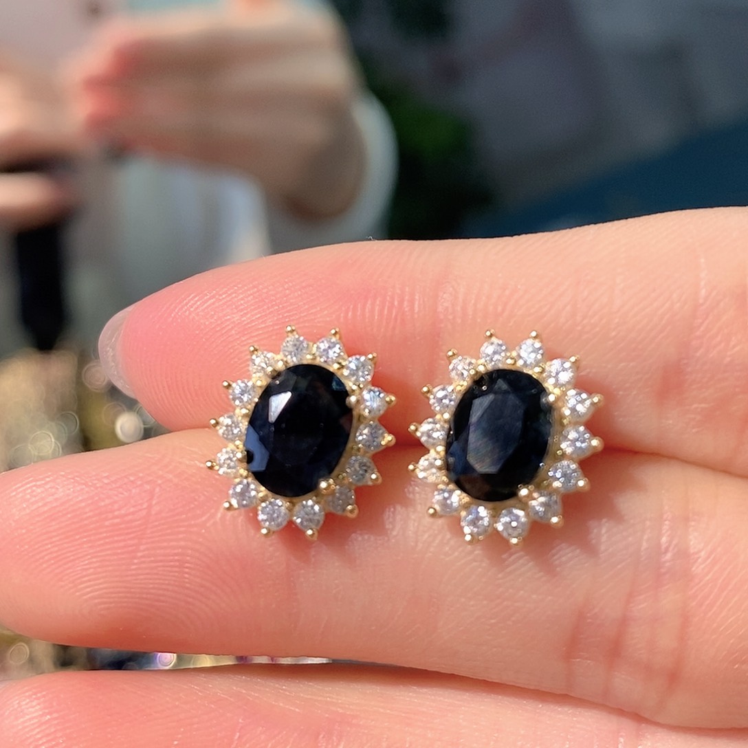 耳饰蓝宝石银S925镶嵌天然蓝宝石