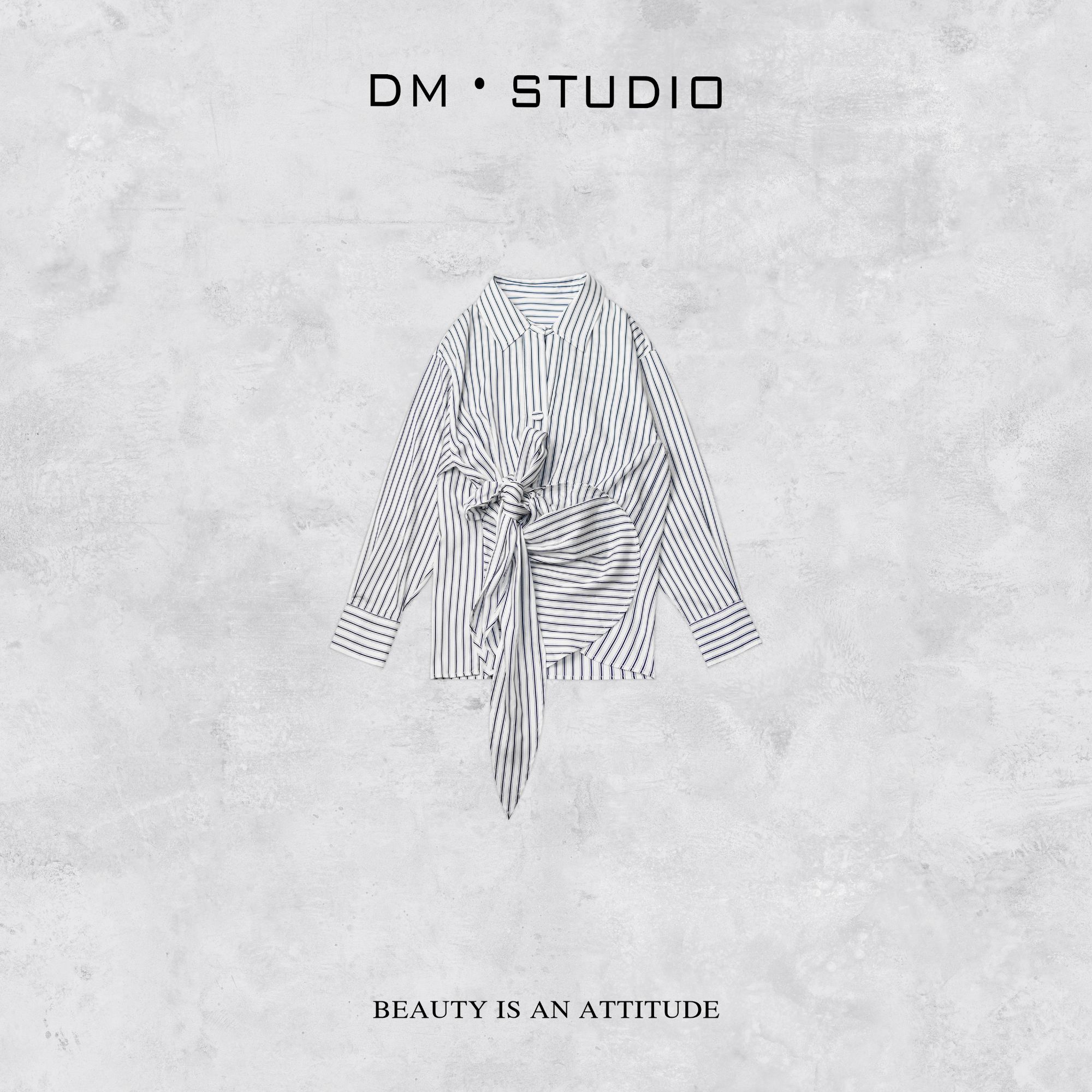 -DM•STUDIO/气质简约日常系绳不规则下摆条纹衬衫（AC25110）