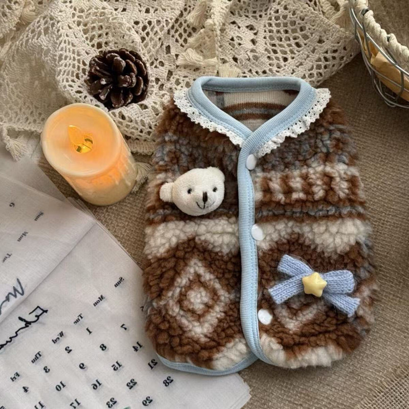 宠物马甲秋冬款保暖加厚狗狗猫咪绒衣可爱小熊公仔背心小型犬服装