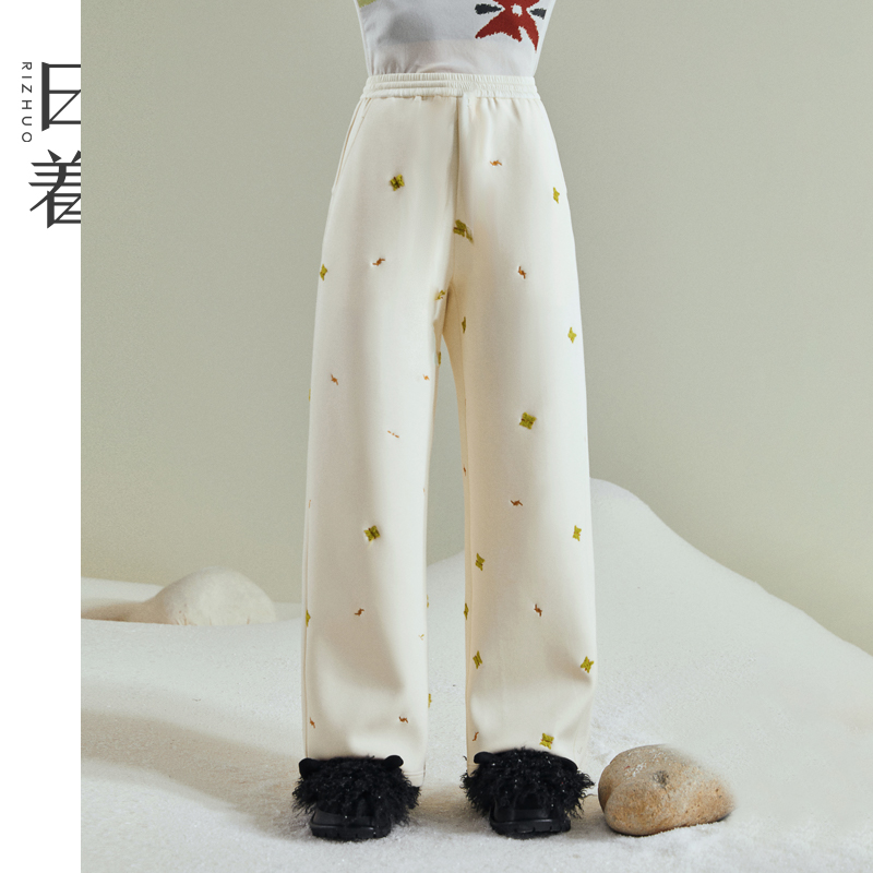日着趣雪怪休闲裤2025新款秋季绣花空气层阔腿长裤子女RD8141K0