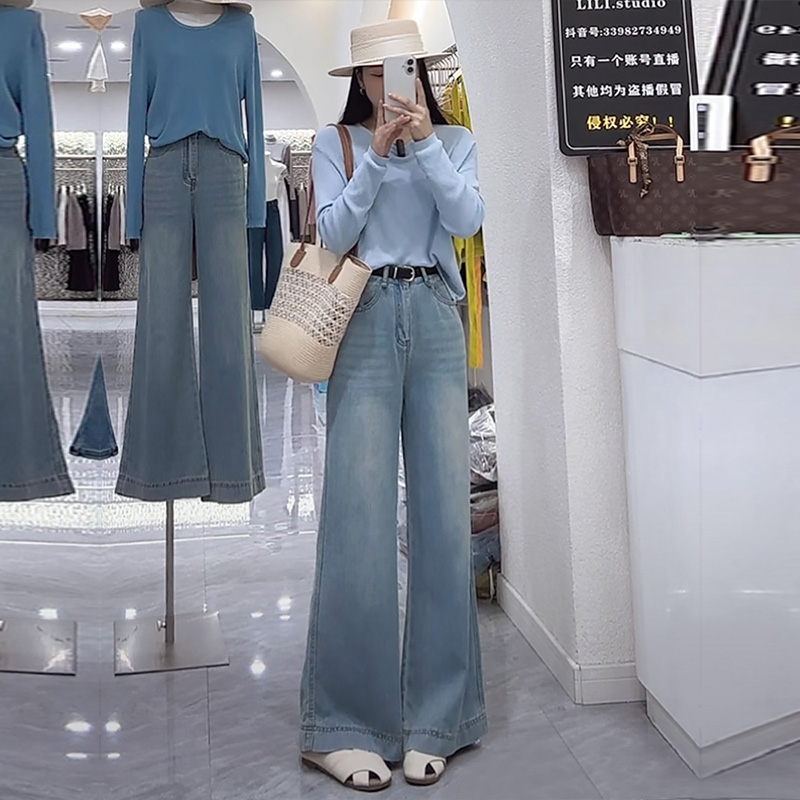 喜绚莱赛尔天丝阔腿牛仔裤女2025年春夏新款薄款慵懒喇叭直筒裤子