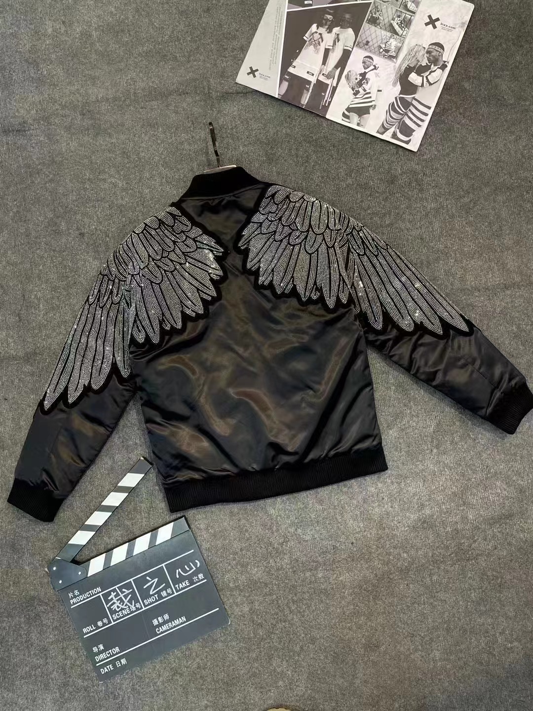 11707春秋新款长袖黑色立体时尚轻奢翅膀重工满钻外套男士夹克