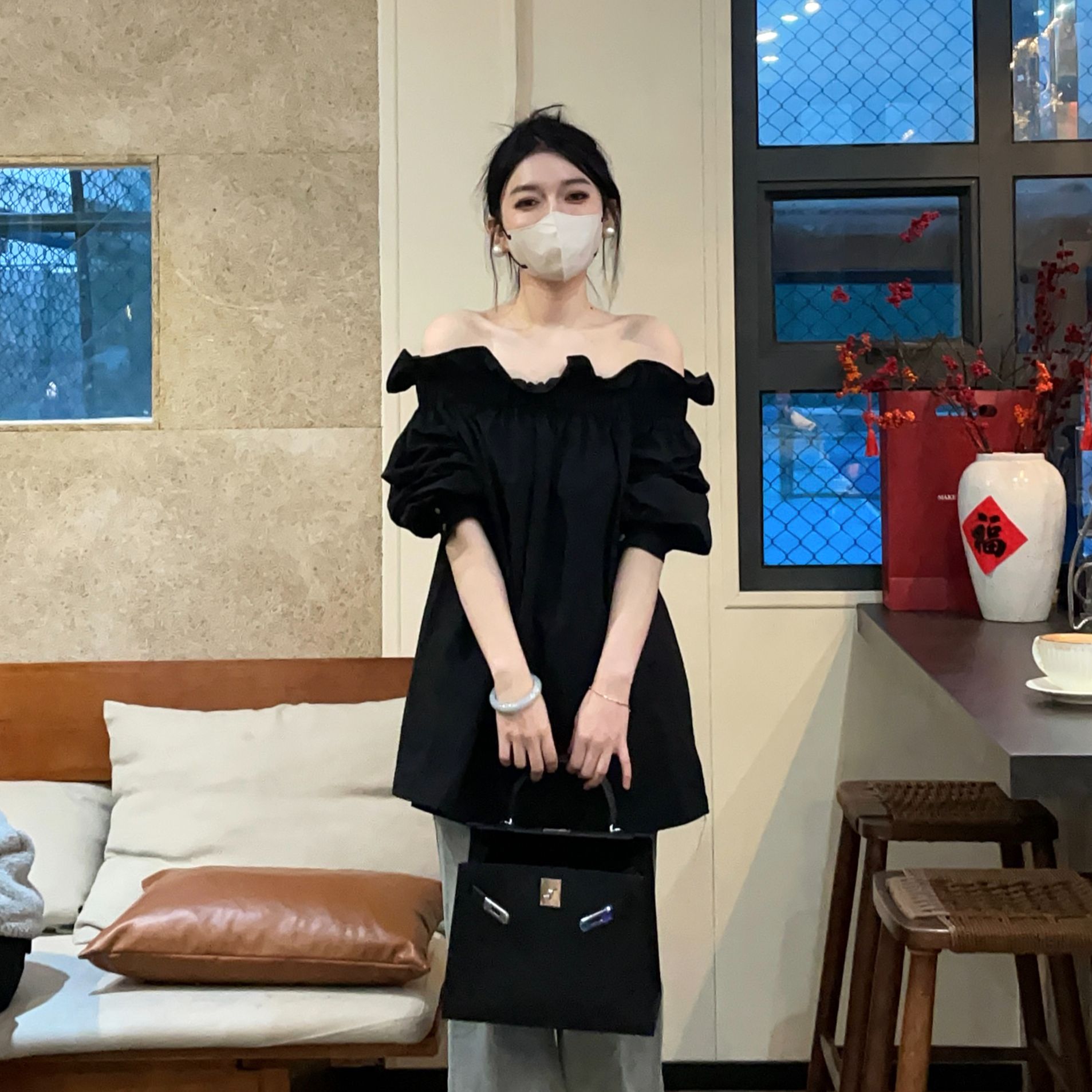 大静推荐【云朵奶芙】早春新款褶皱花边领长袖一字领衬衣女宽松上衣