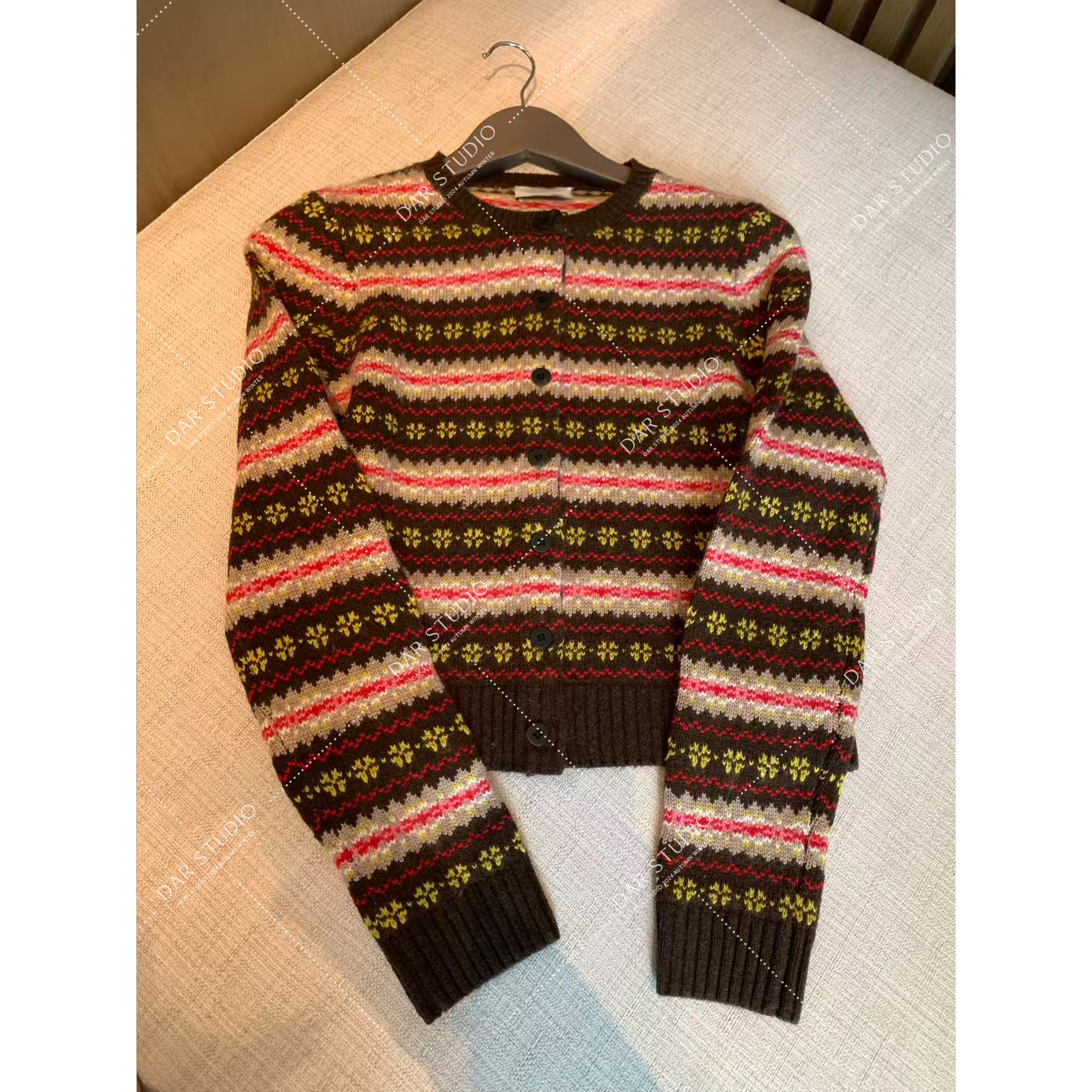 DAR STUDIO 深圳货【条纹费尔岛】25冬季新款羊毛兔毛开衫毛衣16507