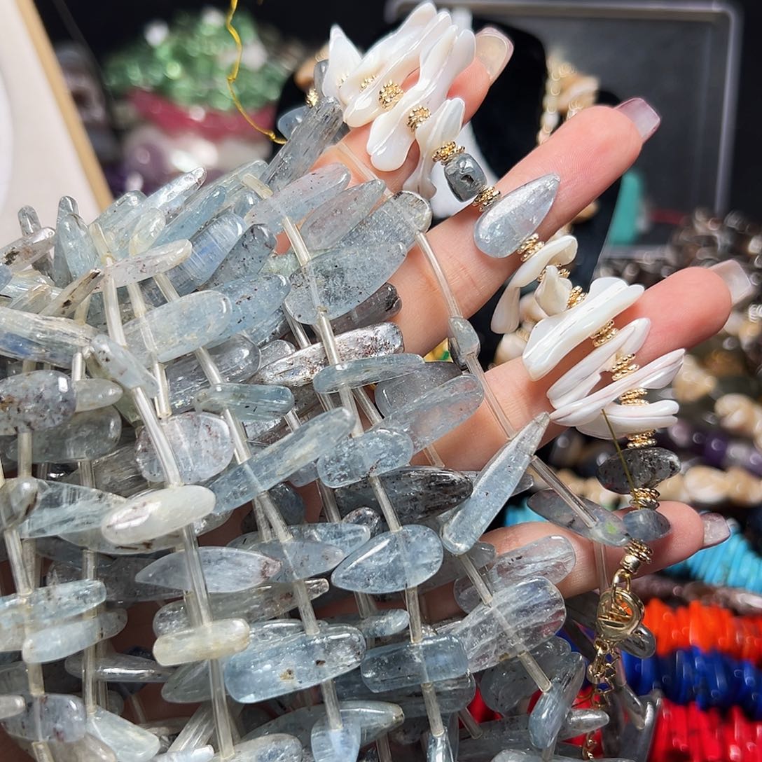 玛瑙/玉髓足银镶嵌珠宝半成品X155。天然蓝晶石一条