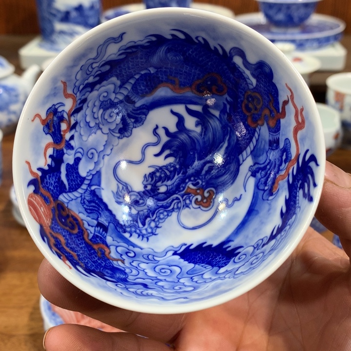 自成堂柴窑青花双龙杯